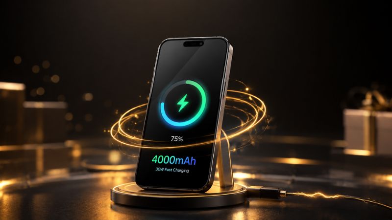 Premium smartphone with 4000mAh battery and 30W fast charging display.