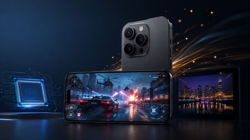 Premium smartphone performance and camera showcase with ultra-smooth gaming display, triple rear camera setup, AI low-light photography effects, and futuristic cinematic design.