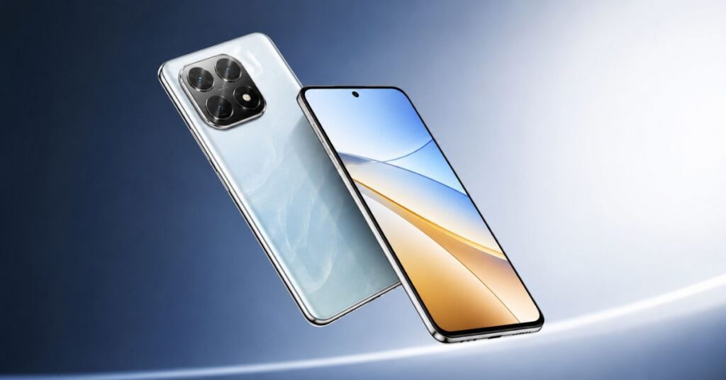 Floating premium smartphone showing front and back design in a clean studio style background