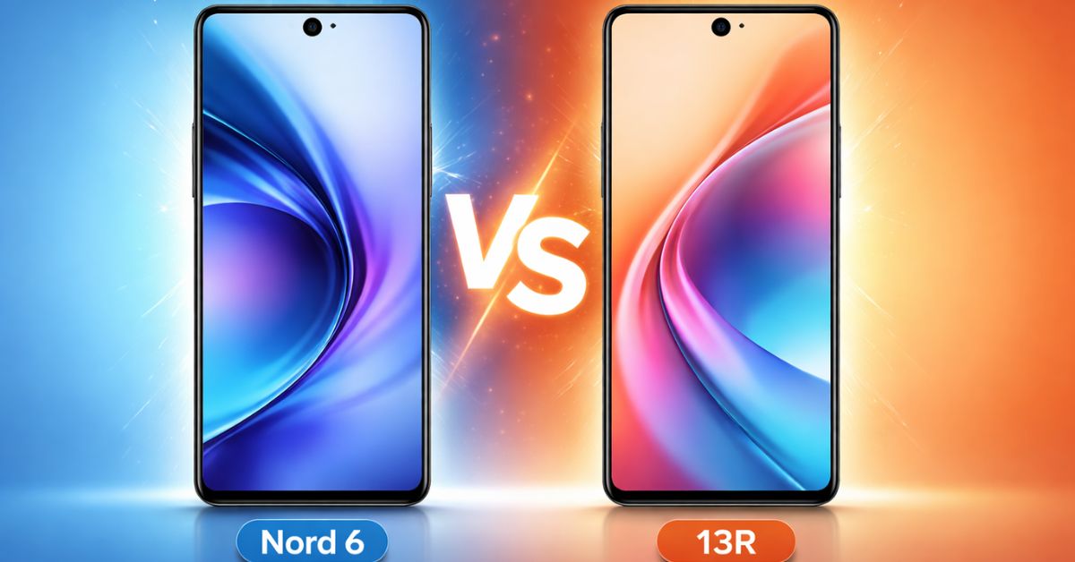 Nord 6 vs 13R comparison smartphone front and back design clean background