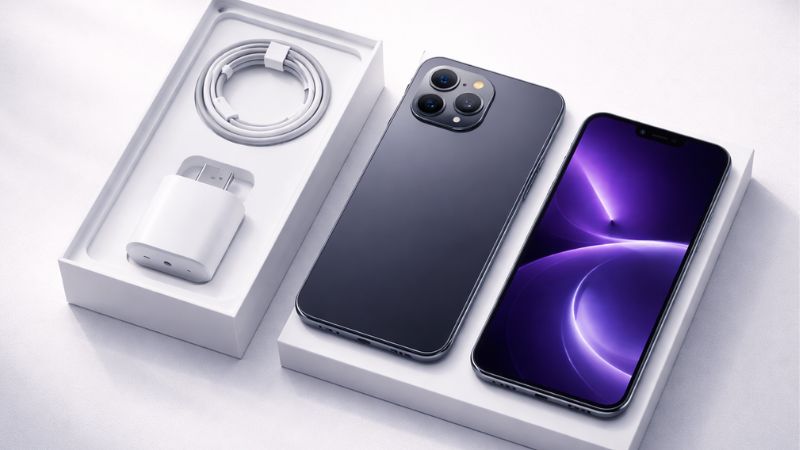 refurbished iPhone concept box accessories clean minimal setup
