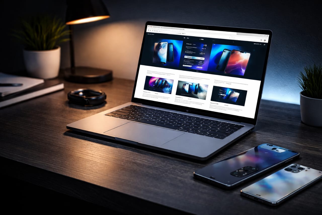 Laptop and smartphones showing latest mobile news and tech updates