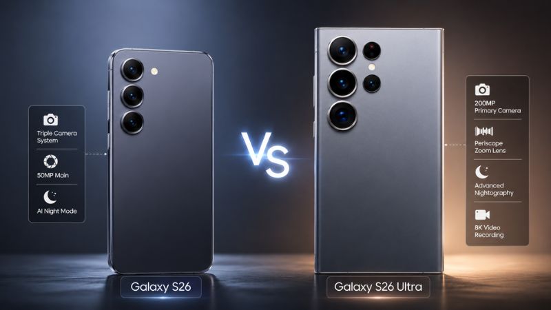Samsung Galaxy S26 vs Galaxy S26 Ultra camera comparison with triple camera and 200MP zoom system