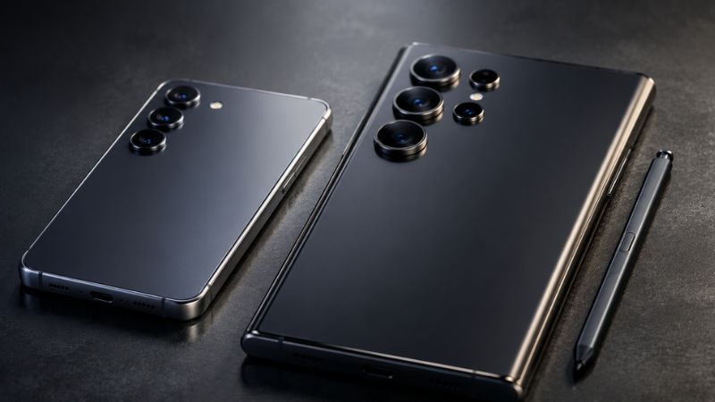 :Samsung Galaxy S26 vs Galaxy S26 Ultra premium design close up with metal frame and camera details