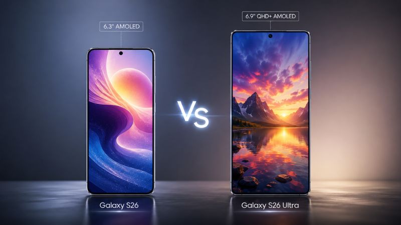 Samsung Galaxy S26 vs Galaxy S26 Ultra AMOLED display size and brightness comparison