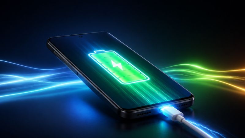smartphone battery fast charging concept with glowing battery icon and energy waves