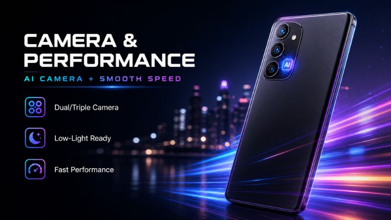 Premium smartphone with AI camera and fast performance on dark neon background